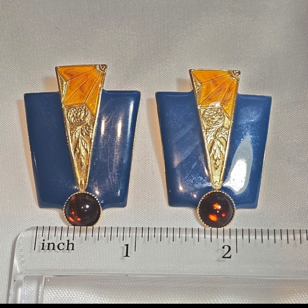 Moulin Rouge Art Deco Navy Blue Enamel Gold Tone Pierced Stud Vintage Earrings - Picture 2 of 10